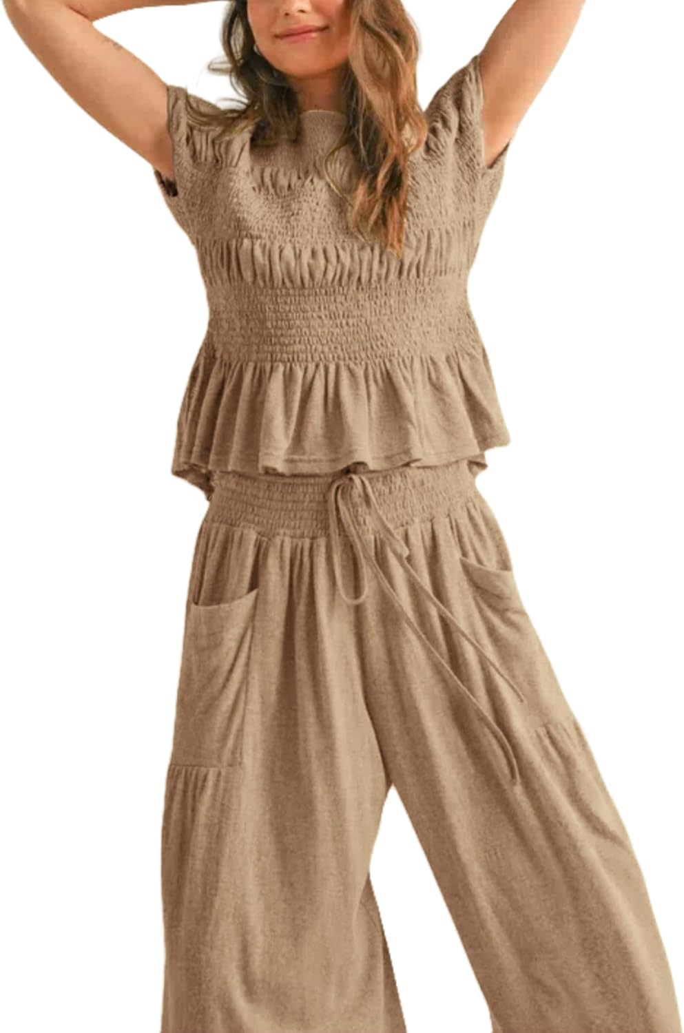 Womens 2 Piece Smocked Top Wide-Leg Pants Set High-Waisted Lounge Outfit with Pockets Casual Boho Matching Set
