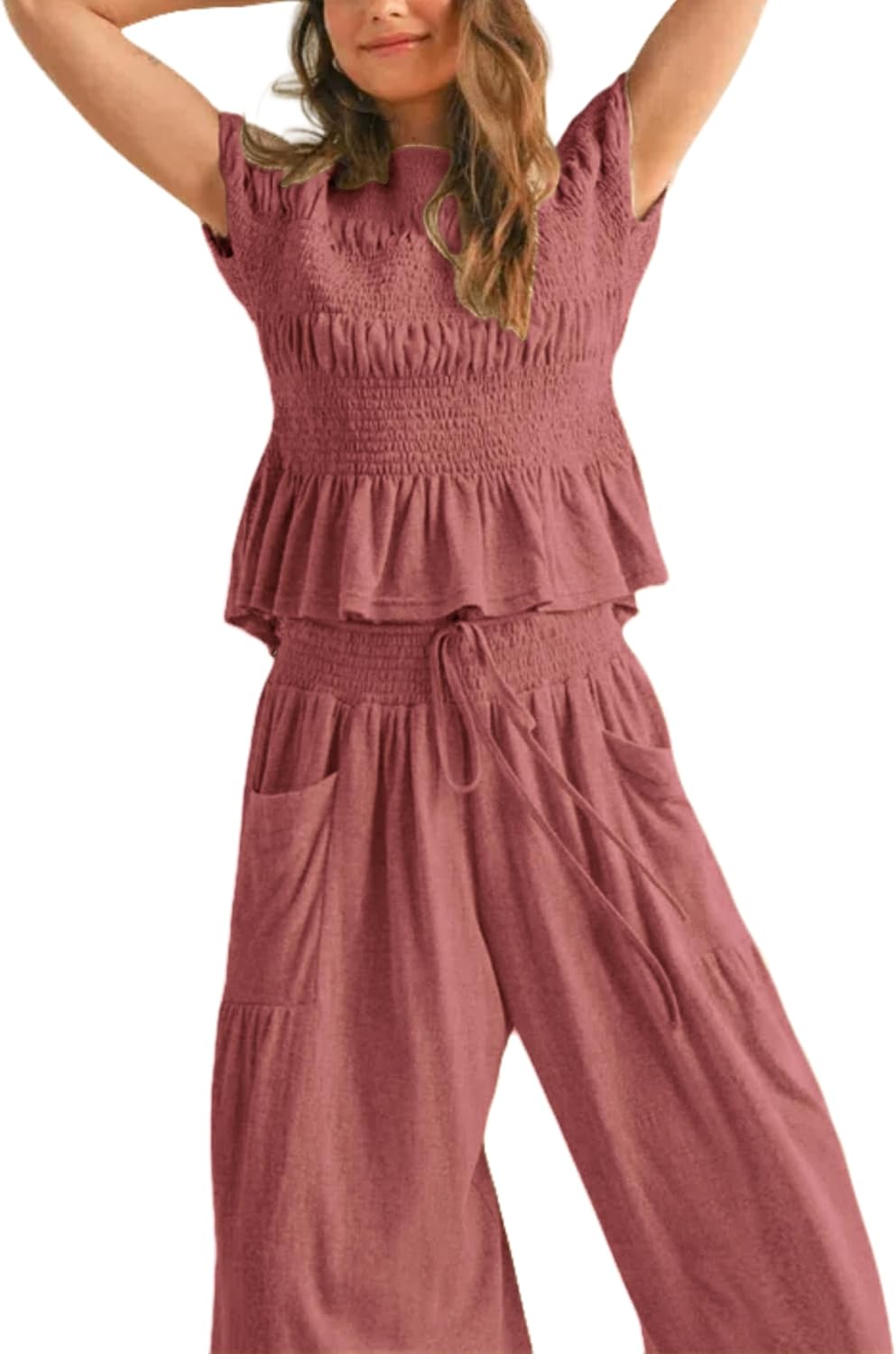 Womens 2 Piece Smocked Top Wide-Leg Pants Set High-Waisted Lounge Outfit with Pockets Casual Boho Matching Set