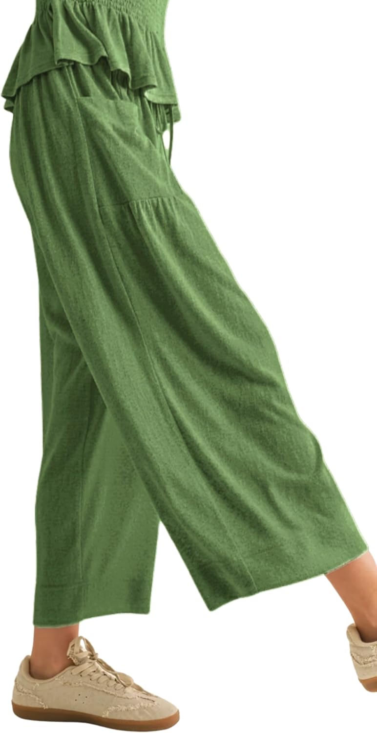 Womens 2 Piece Smocked Top Wide-Leg Pants Set High-Waisted Lounge Outfit with Pockets Casual Boho Matching Set