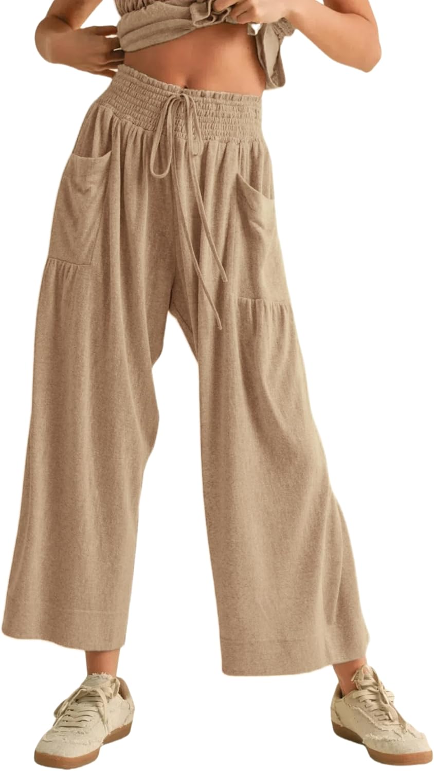 Womens 2 Piece Smocked Top Wide-Leg Pants Set High-Waisted Lounge Outfit with Pockets Casual Boho Matching Set