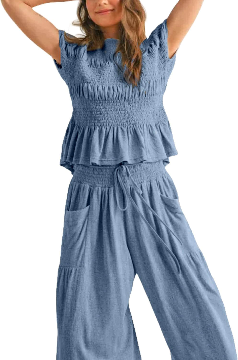 Womens 2 Piece Smocked Top Wide-Leg Pants Set High-Waisted Lounge Outfit with Pockets Casual Boho Matching Set