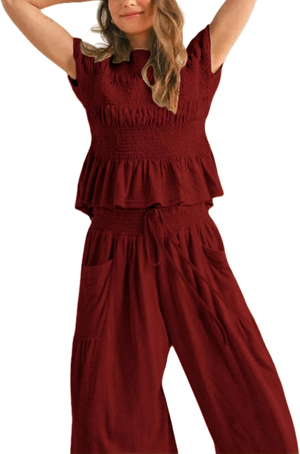 Womens 2 Piece Smocked Top Wide-Leg Pants Set High-Waisted Lounge Outfit with Pockets Casual Boho Matching Set