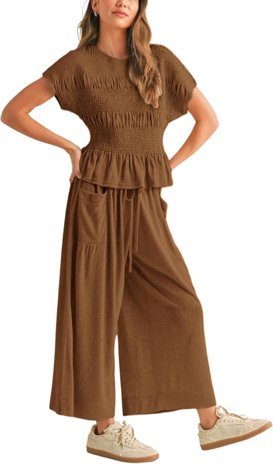 Womens 2 Piece Smocked Top Wide-Leg Pants Set High-Waisted Lounge Outfit with Pockets Casual Boho Matching Set