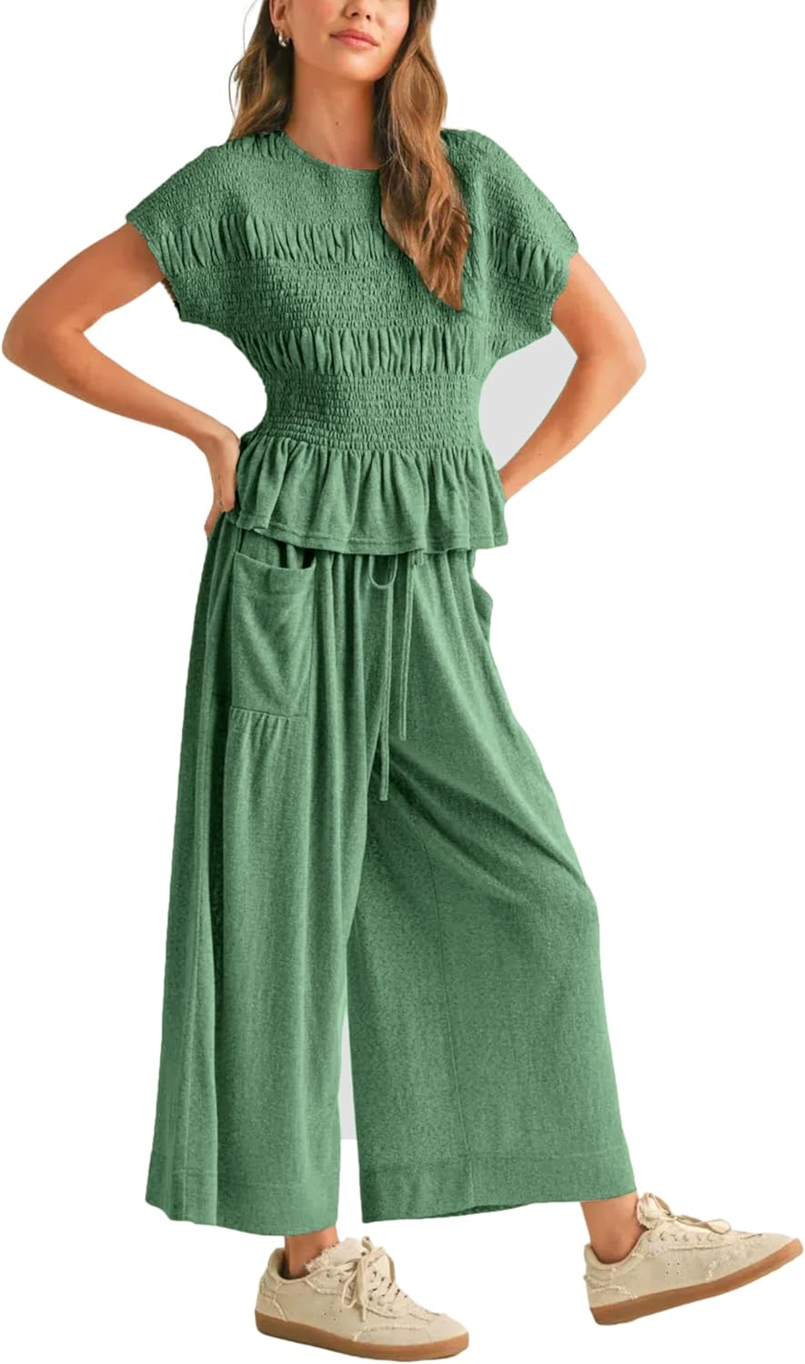 Womens 2 Piece Smocked Top Wide-Leg Pants Set High-Waisted Lounge Outfit with Pockets Casual Boho Matching Set
