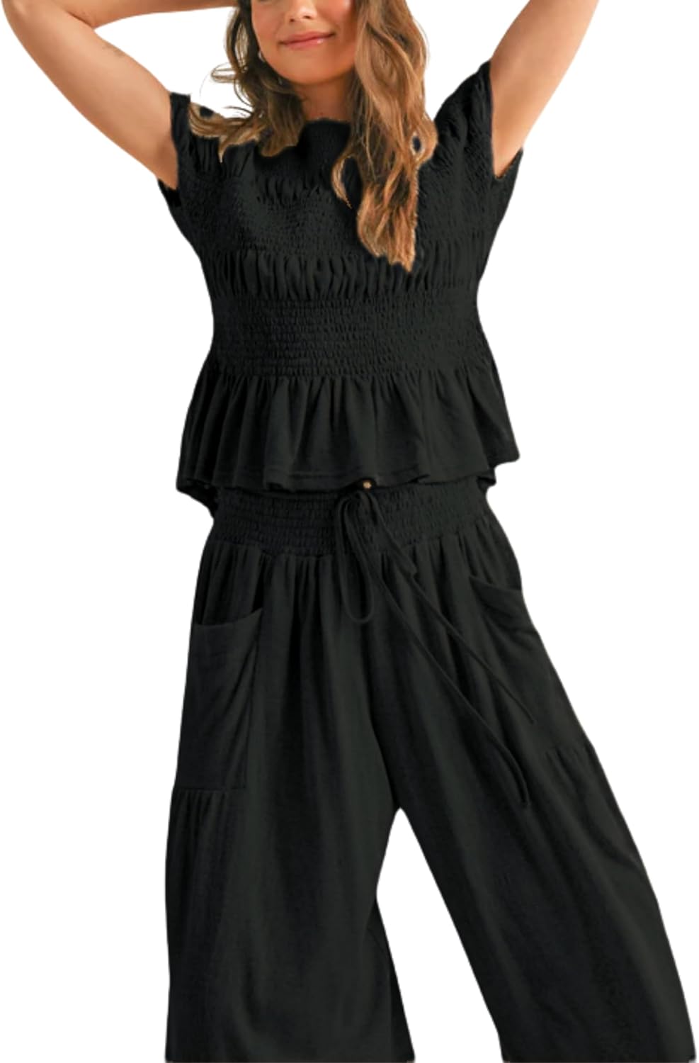 Womens 2 Piece Smocked Top Wide-Leg Pants Set High-Waisted Lounge Outfit with Pockets Casual Boho Matching Set