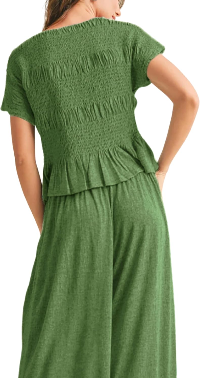 Womens 2 Piece Smocked Top Wide-Leg Pants Set High-Waisted Lounge Outfit with Pockets Casual Boho Matching Set