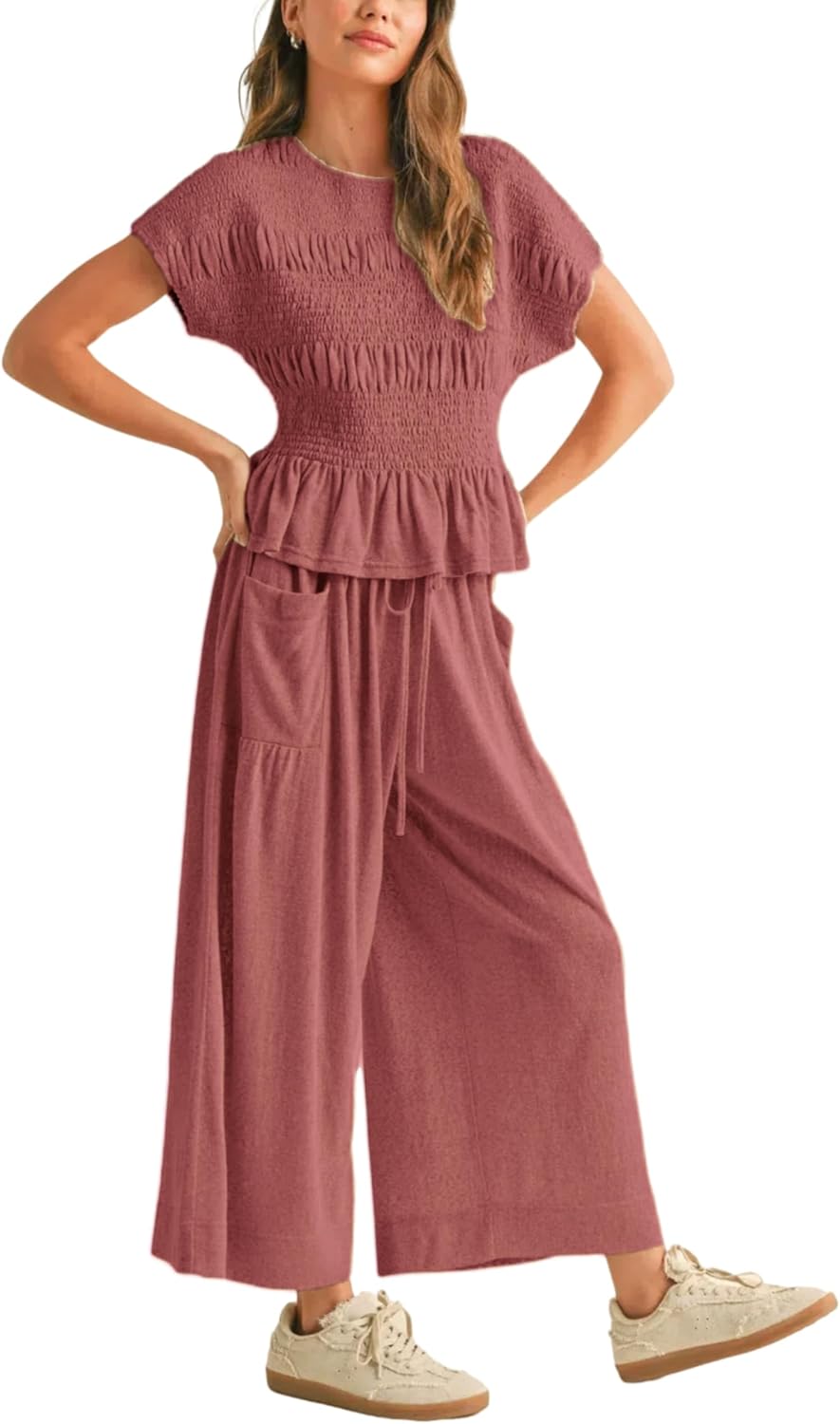 Womens 2 Piece Smocked Top Wide-Leg Pants Set High-Waisted Lounge Outfit with Pockets Casual Boho Matching Set