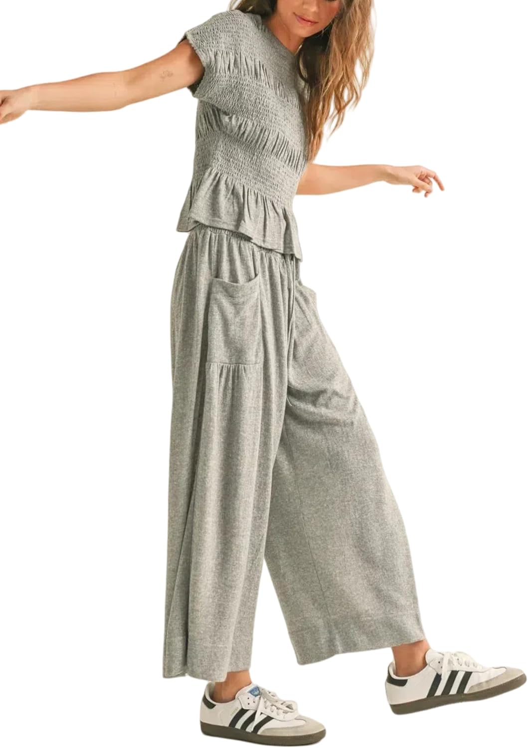 Womens 2 Piece Smocked Top Wide-Leg Pants Set High-Waisted Lounge Outfit with Pockets Casual Boho Matching Set