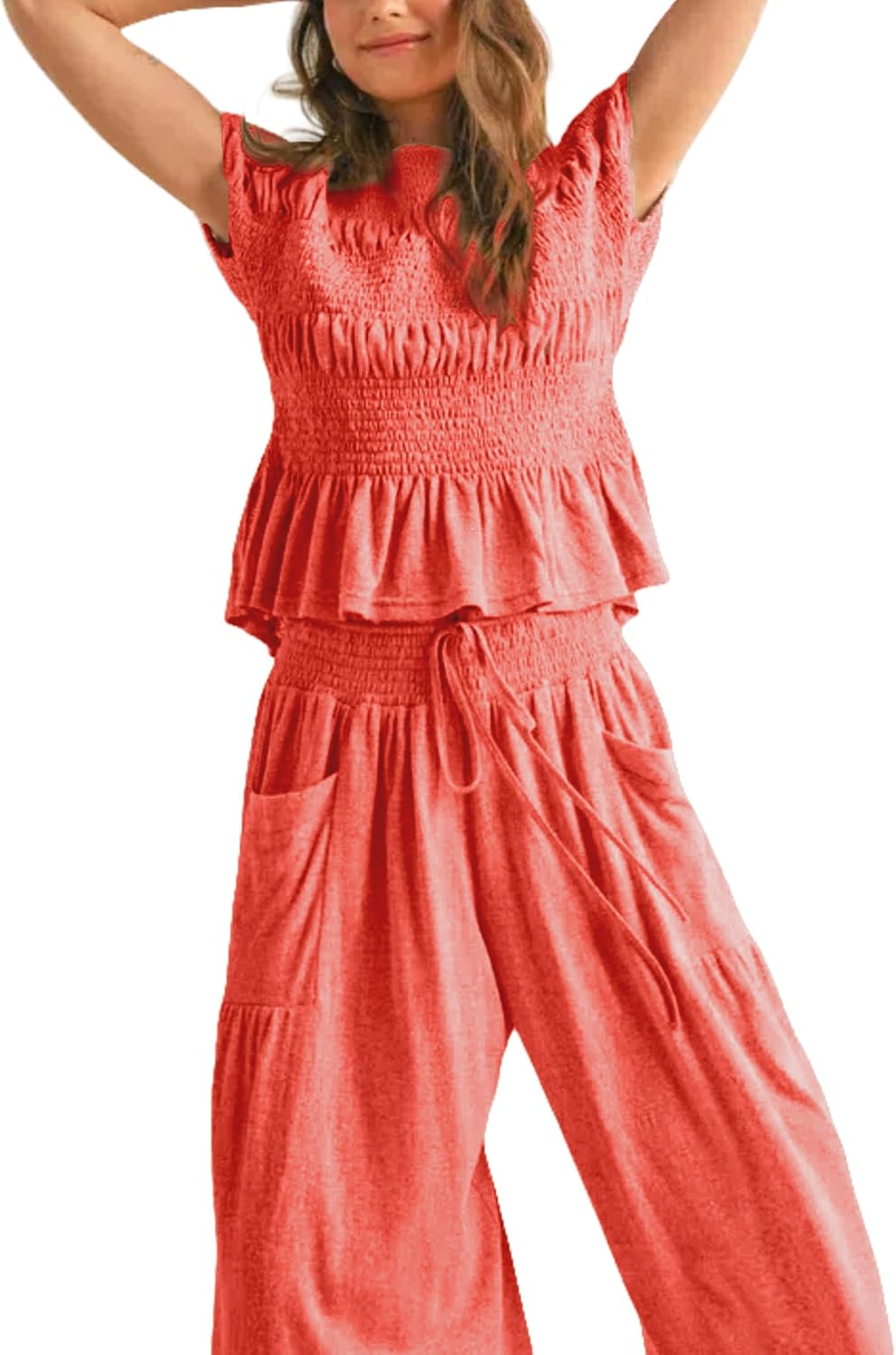 Womens 2 Piece Smocked Top Wide-Leg Pants Set High-Waisted Lounge Outfit with Pockets Casual Boho Matching Set