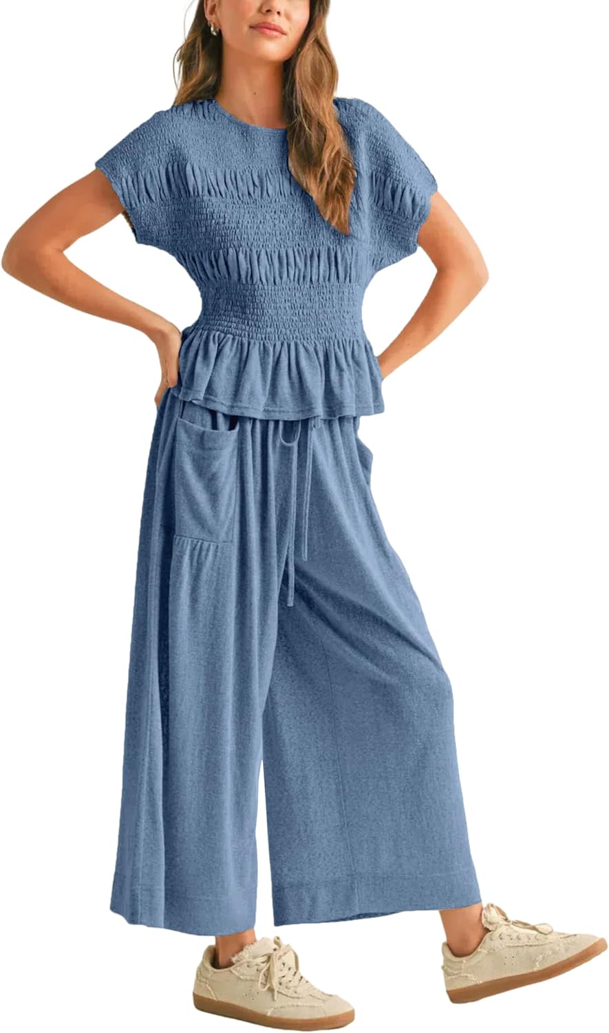 Womens 2 Piece Smocked Top Wide-Leg Pants Set High-Waisted Lounge Outfit with Pockets Casual Boho Matching Set