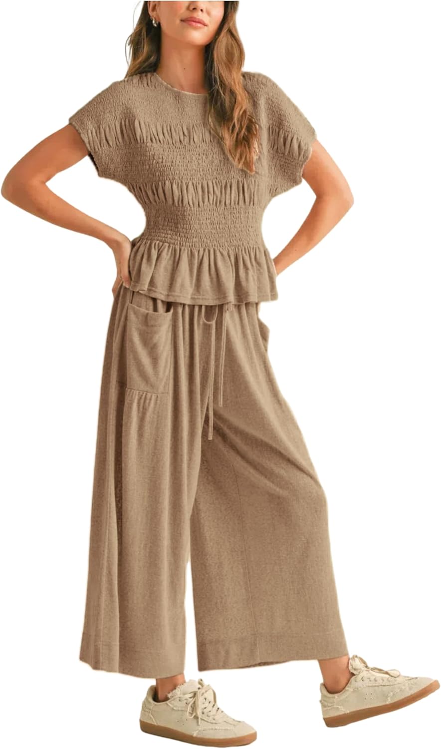 Womens 2 Piece Smocked Top Wide-Leg Pants Set High-Waisted Lounge Outfit with Pockets Casual Boho Matching Set