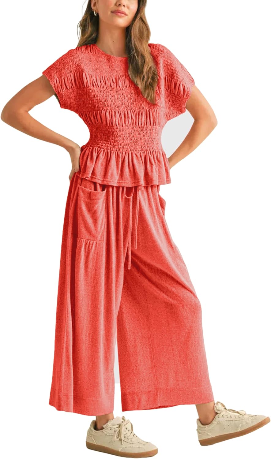 Womens 2 Piece Smocked Top Wide-Leg Pants Set High-Waisted Lounge Outfit with Pockets Casual Boho Matching Set