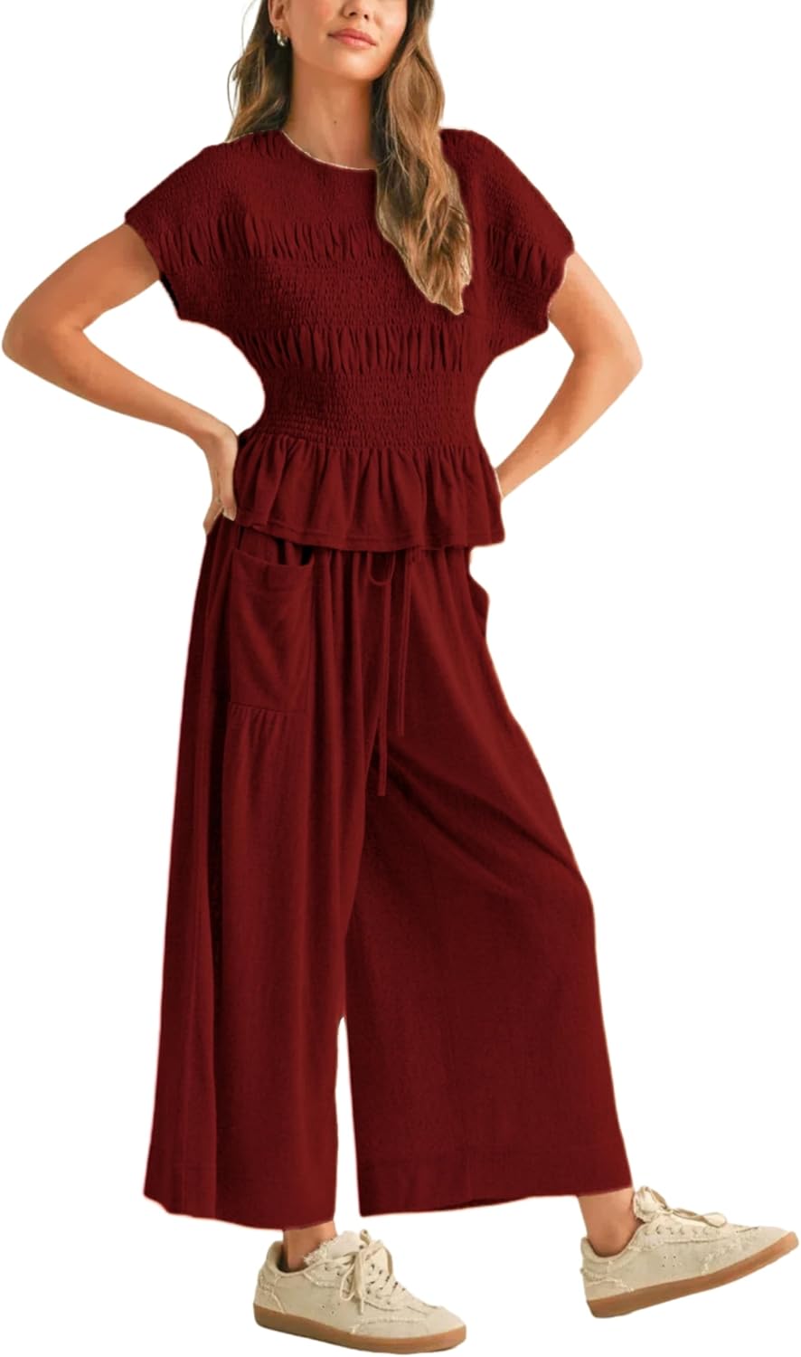 Womens 2 Piece Smocked Top Wide-Leg Pants Set High-Waisted Lounge Outfit with Pockets Casual Boho Matching Set