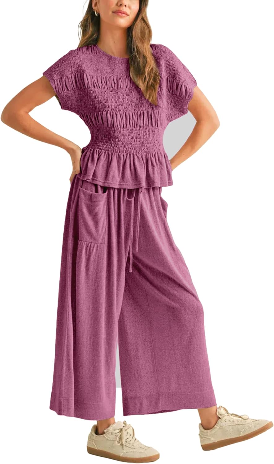 Womens 2 Piece Smocked Top Wide-Leg Pants Set High-Waisted Lounge Outfit with Pockets Casual Boho Matching Set