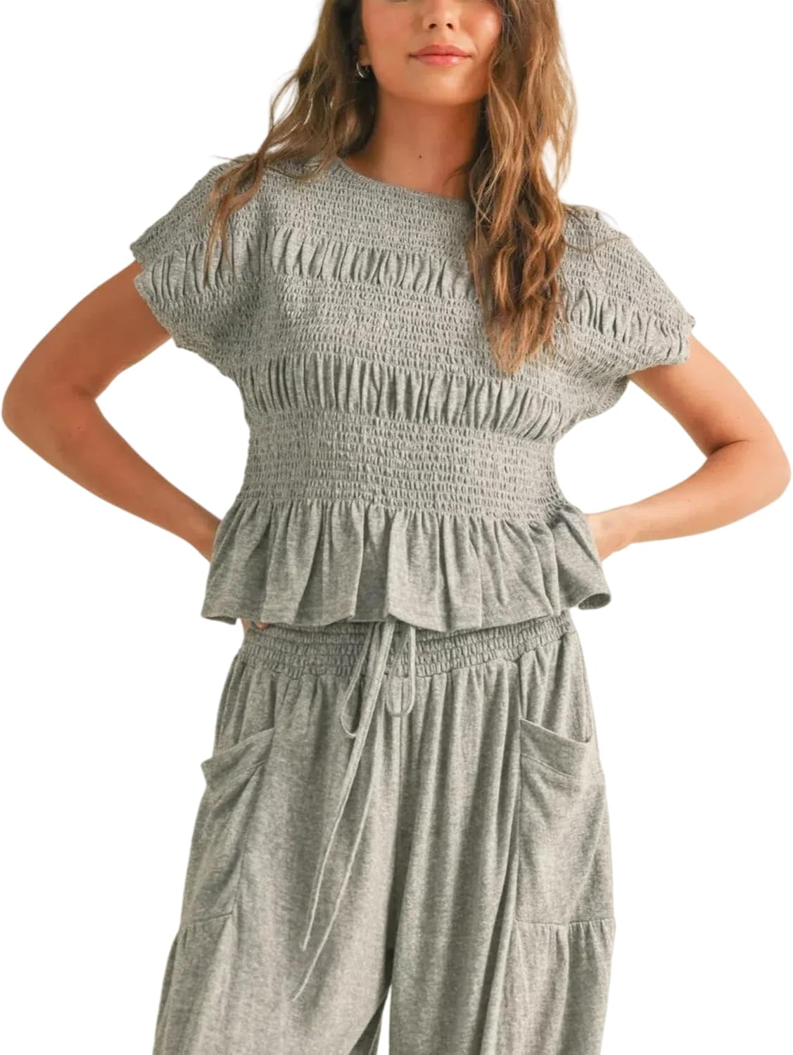 Womens 2 Piece Smocked Top Wide-Leg Pants Set High-Waisted Lounge Outfit with Pockets Casual Boho Matching Set