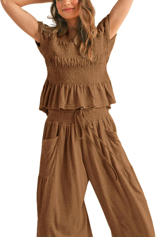 Womens 2 Piece Smocked Top Wide-Leg Pants Set High-Waisted Lounge Outfit with Pockets Casual Boho Matching Set