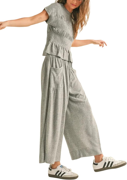 Womens 2 Piece Smocked Top Wide-Leg Pants Set High-Waisted Lounge Outfit with Pockets Casual Boho Matching Set