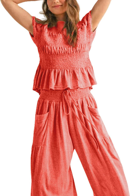 Womens 2 Piece Smocked Top Wide-Leg Pants Set High-Waisted Lounge Outfit with Pockets Casual Boho Matching Set